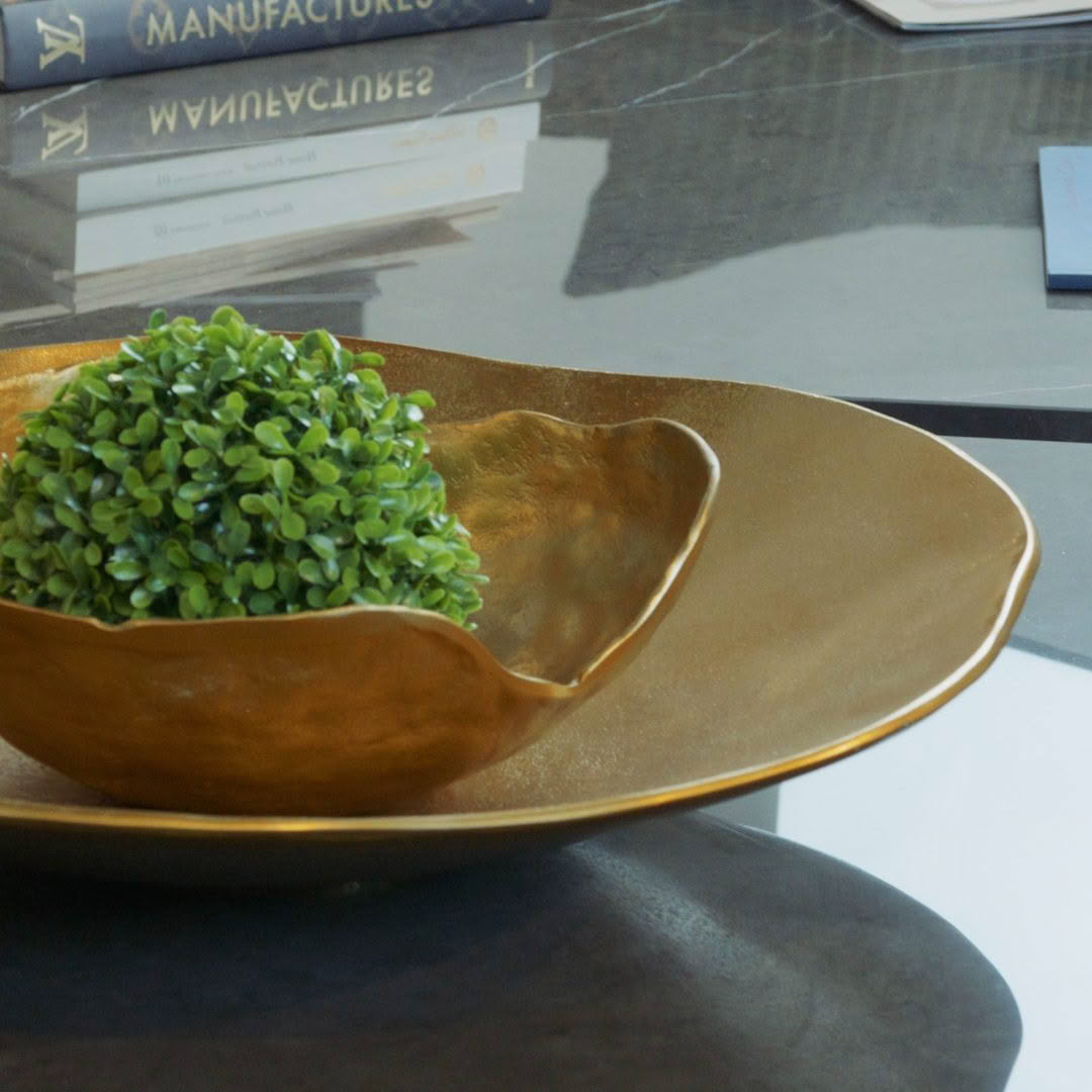 Gold leaf-shaped bowl with plant on coffee table