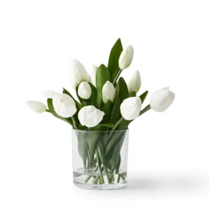TULIP MIX IN CLEAR VASE - 31cm H - WHITE