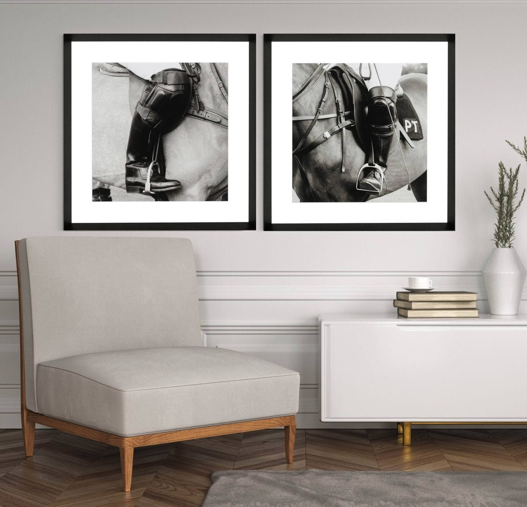 Equestrian gear photographed in a stylish room.