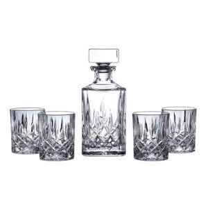 Crystal decanter and glasses set on white background