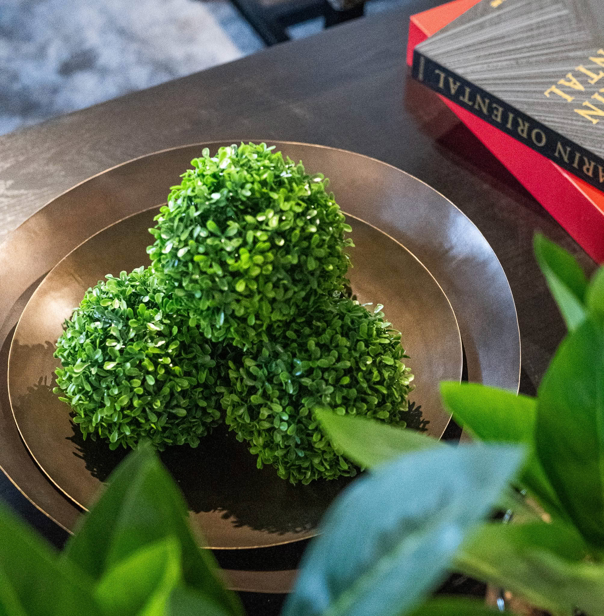 Small green topiary on bronze plate with books