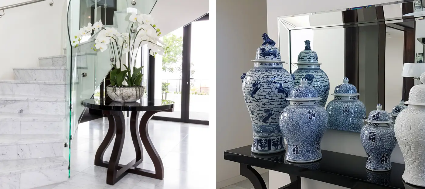 Elegant home interiors: marble staircase and decorative vases