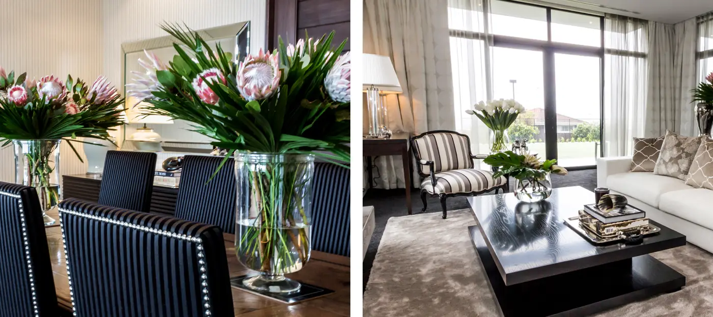 Elegant living room decor with vibrant floral arrangements