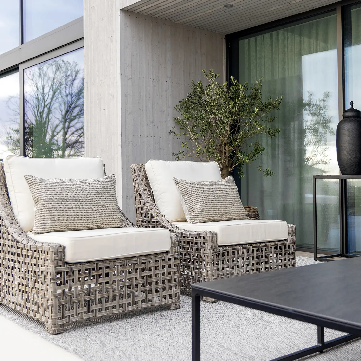 Modern outdoor patio chairs with cushions and plant