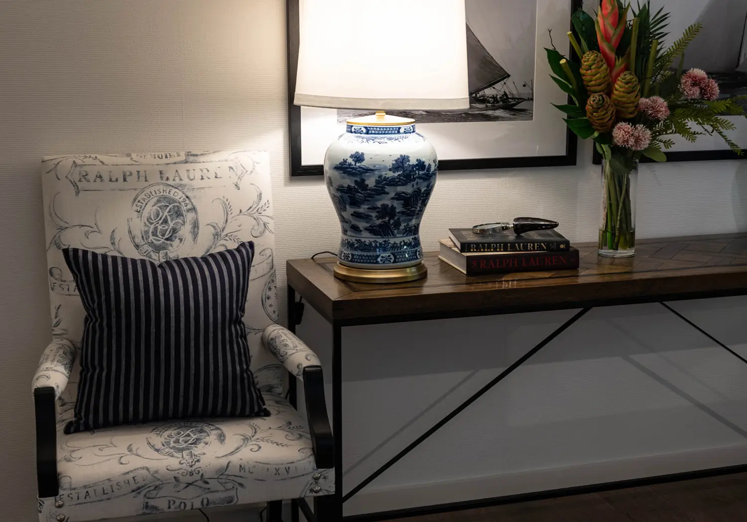 Elegant Ralph Lauren themed interior decor with lamp and chair