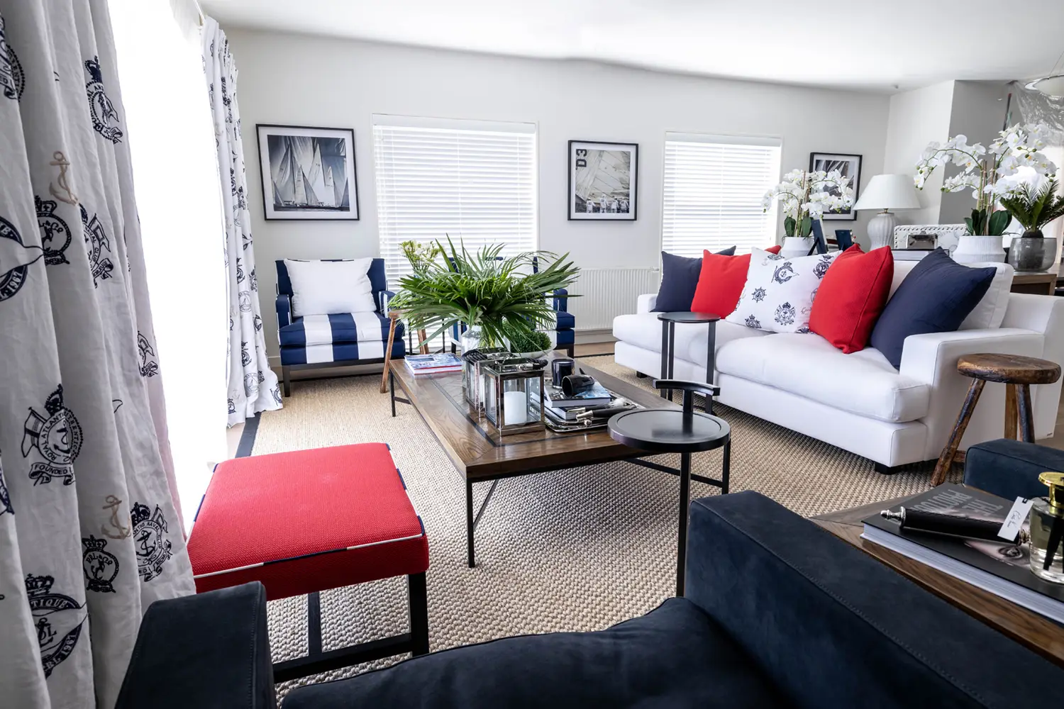 Spacious, modern living room with nautical theme décor