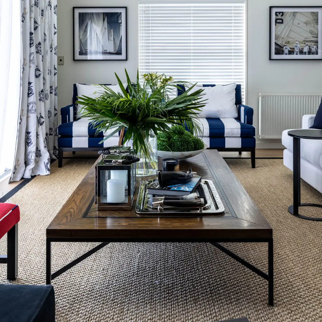 Elegant living room with nautical theme and natural lighting