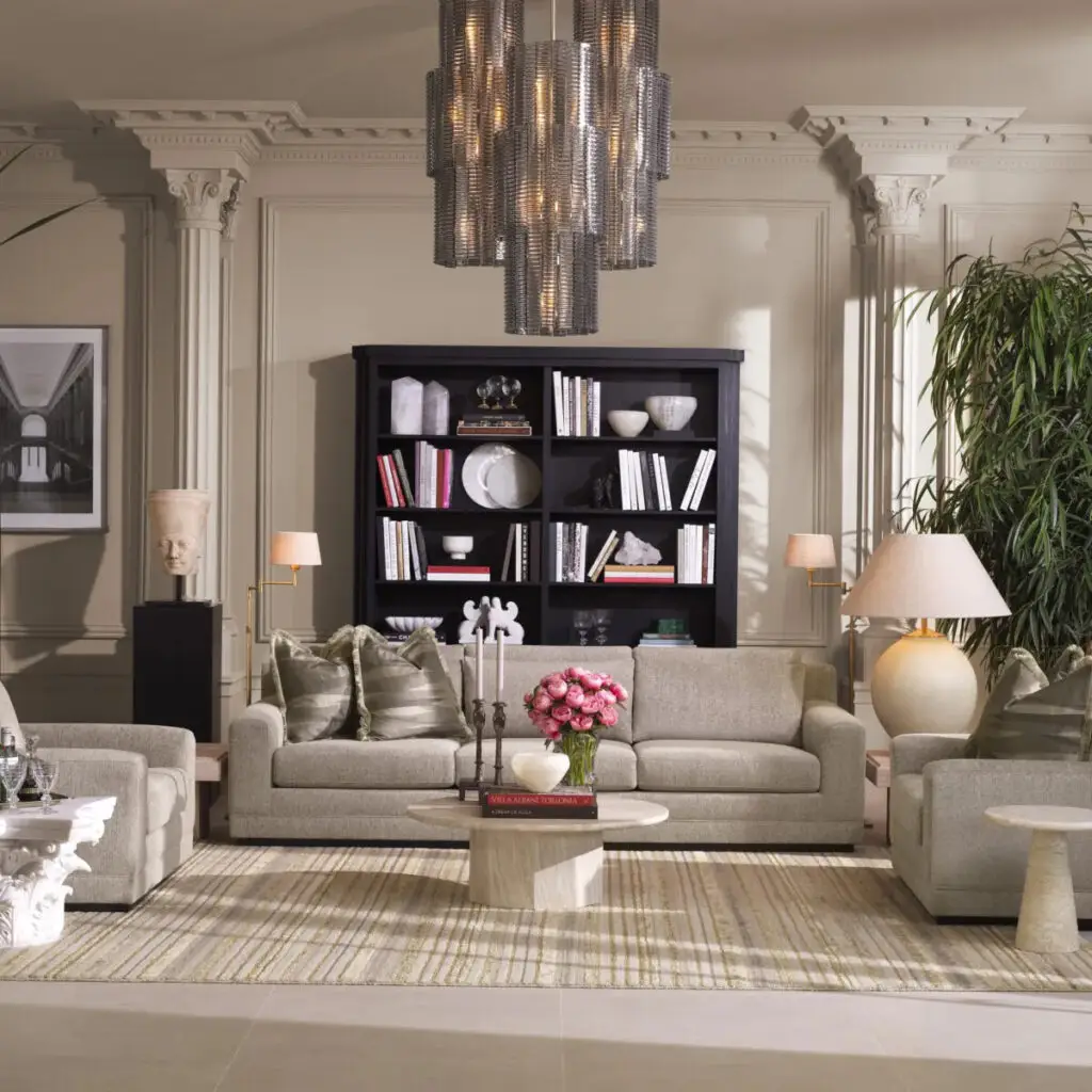 Elegant living room with modern decor and plush seating