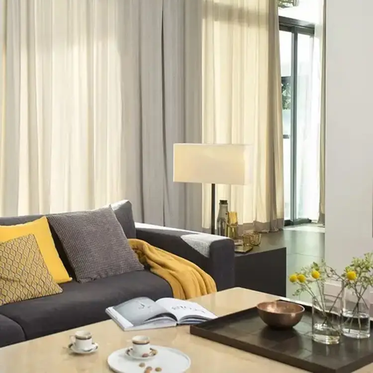 Modern living room with couch, lamp, and sheer curtains