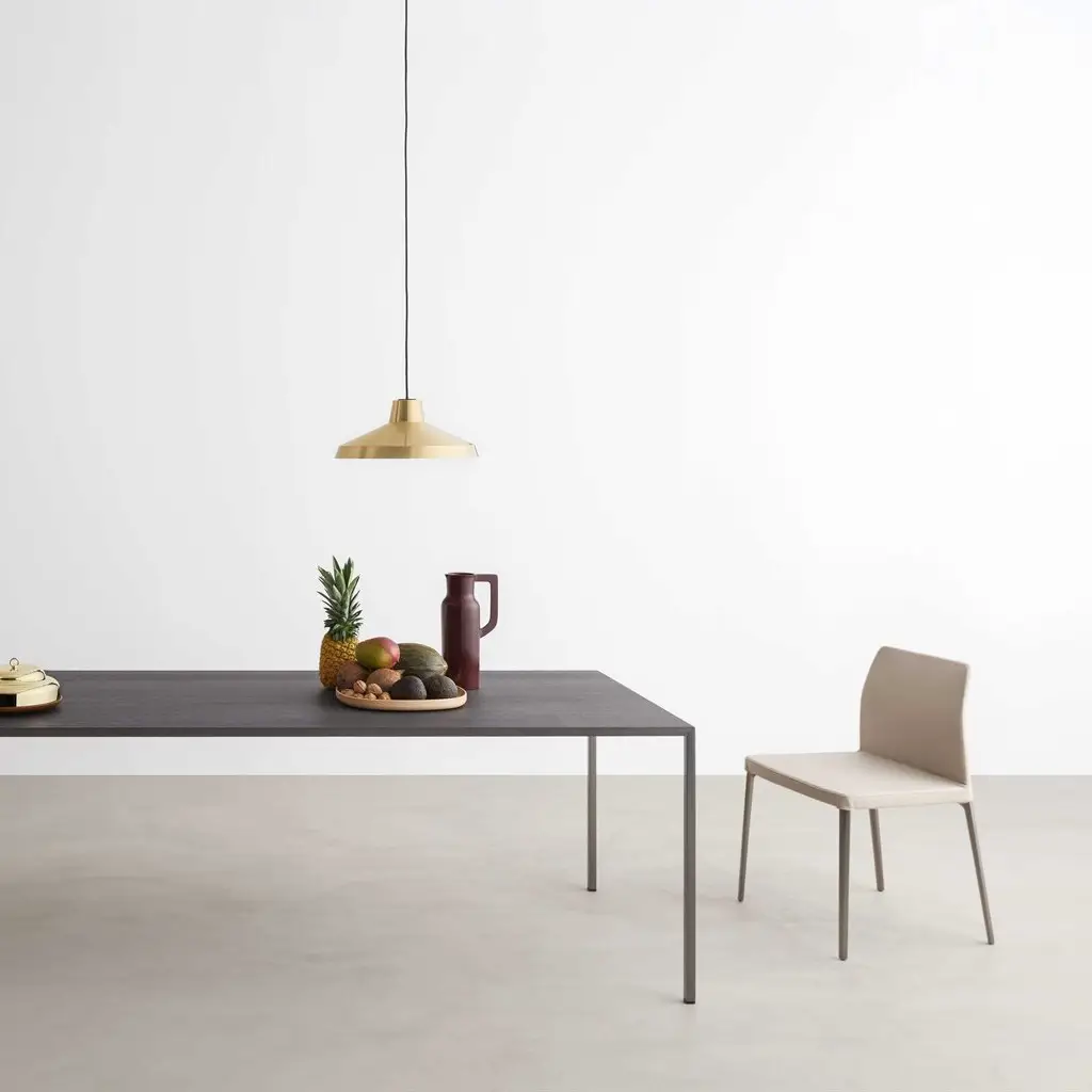 Minimalist dining room with hanging lamp and fruits