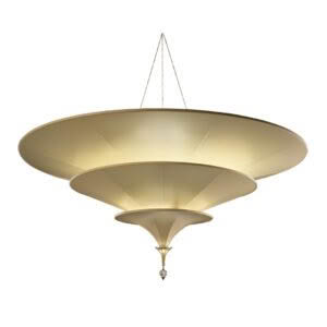 Large gold-toned tiered chandelier with diamond-like pendant