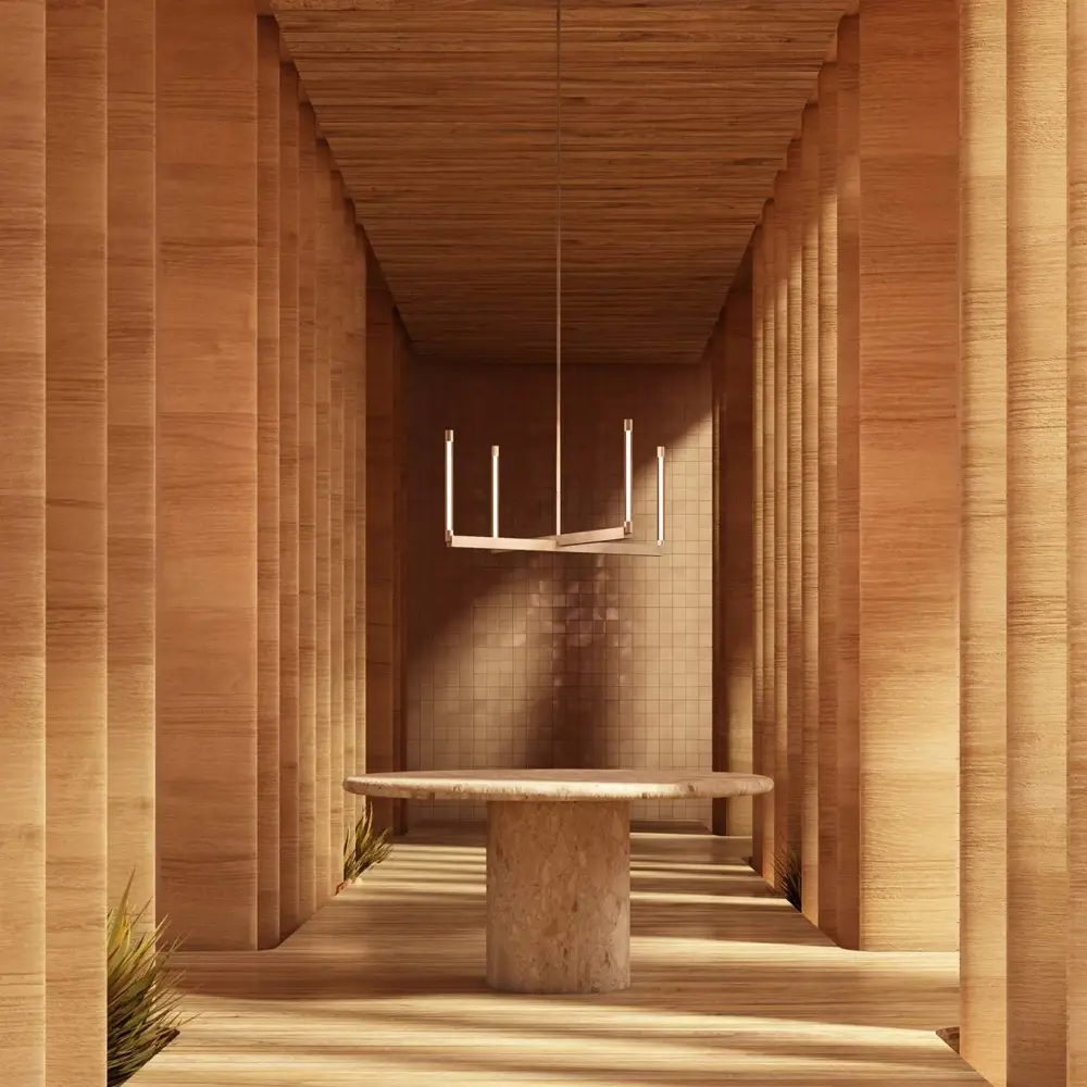 Minimalist wooden interior design with unique chandelier