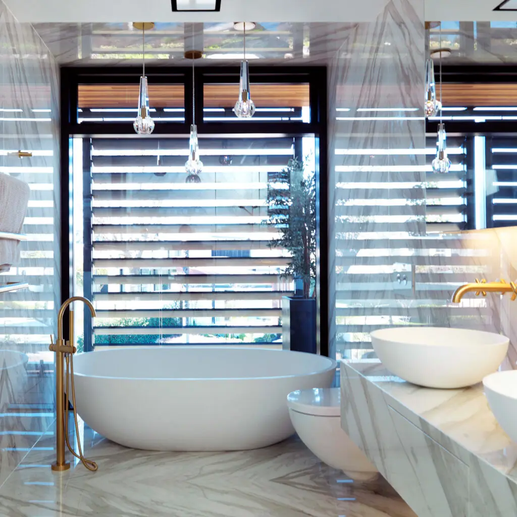 Luxurious bathroom with marble details and modern fixtures