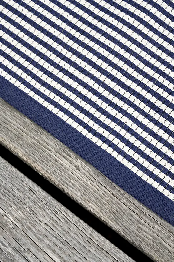 Blue and white checkered mat on wooden surface