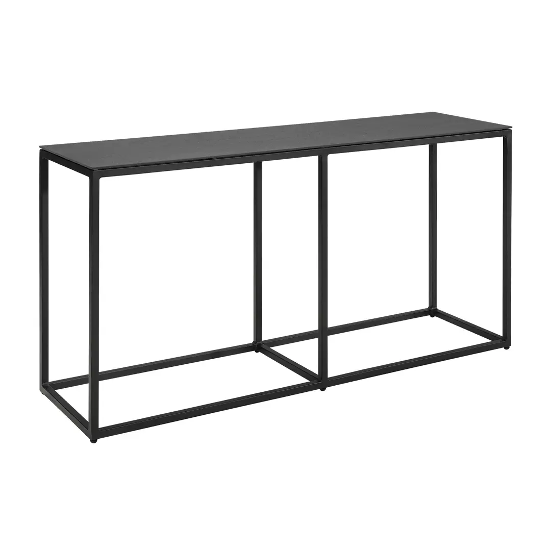 Black metal console table with open bottom shelf