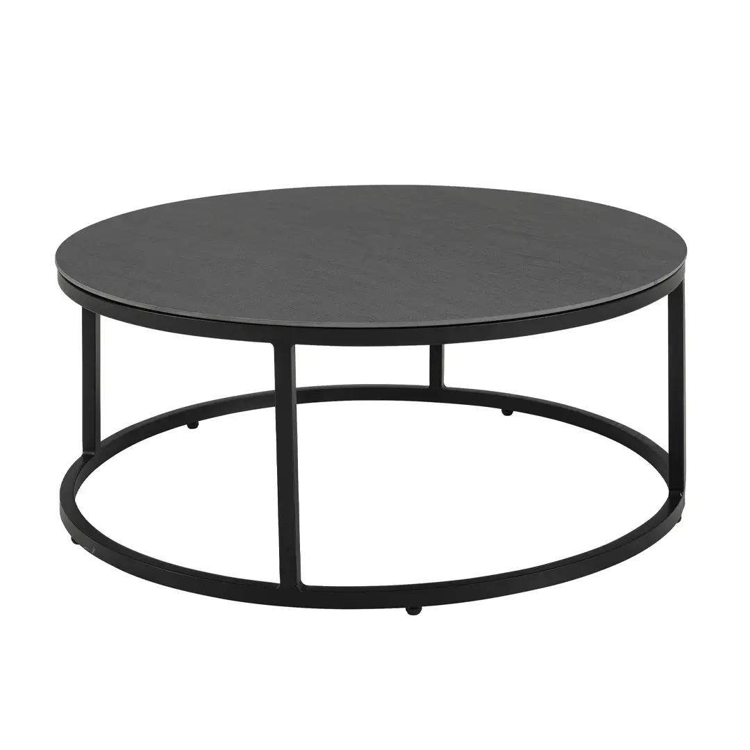 Black round coffee table with metal frame