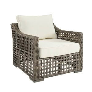 Gray wicker armchair with white cushions