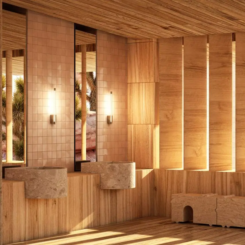 Modern bathroom with wooden accents and natural light