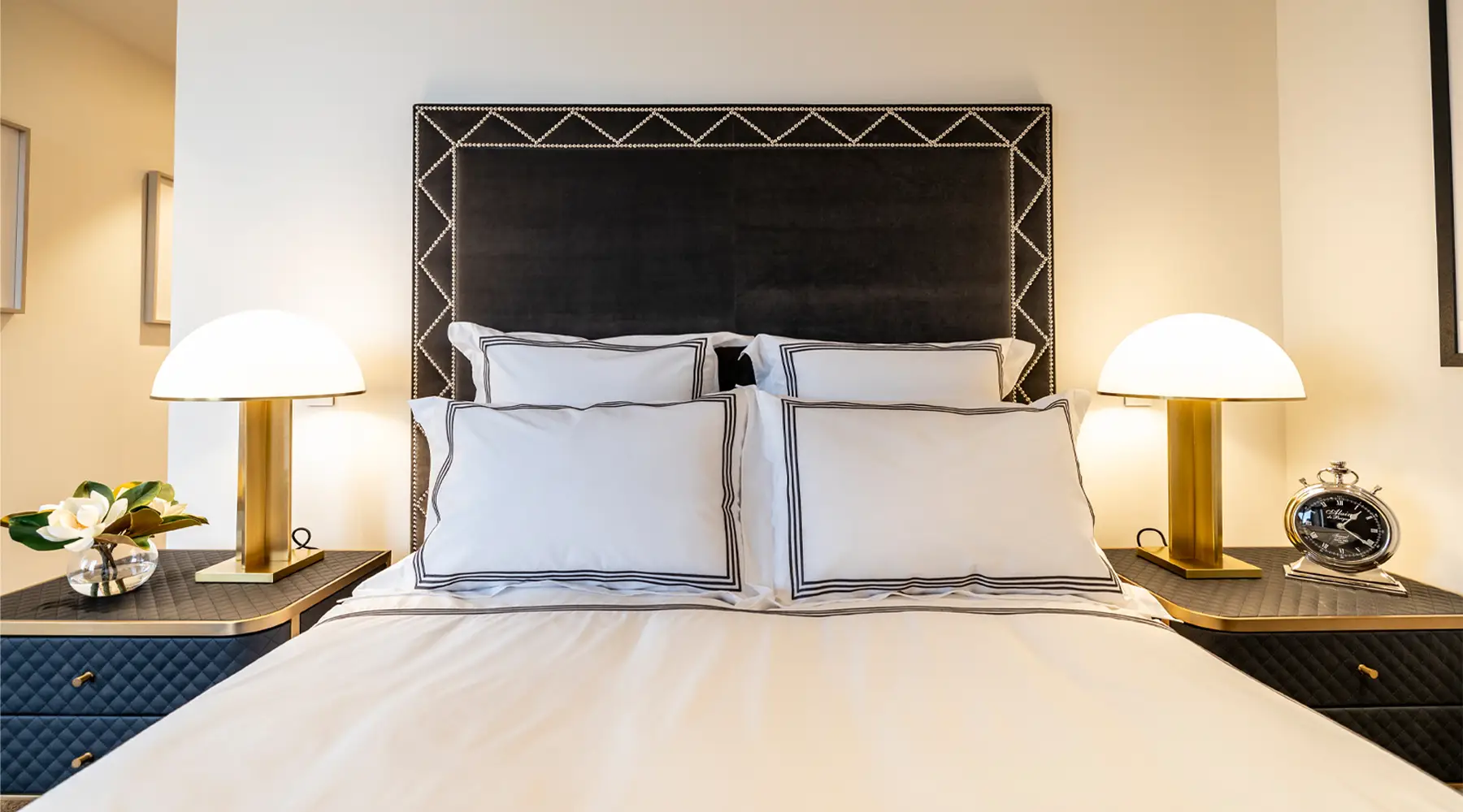 Elegant hotel bedroom with stylish decor