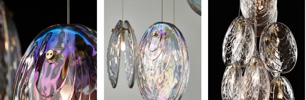 Three artistic iridescent glass pendant lights