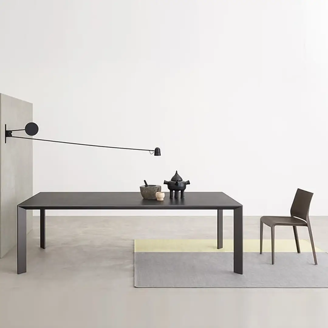 Minimalist dining room setup with extendable wall lamp.