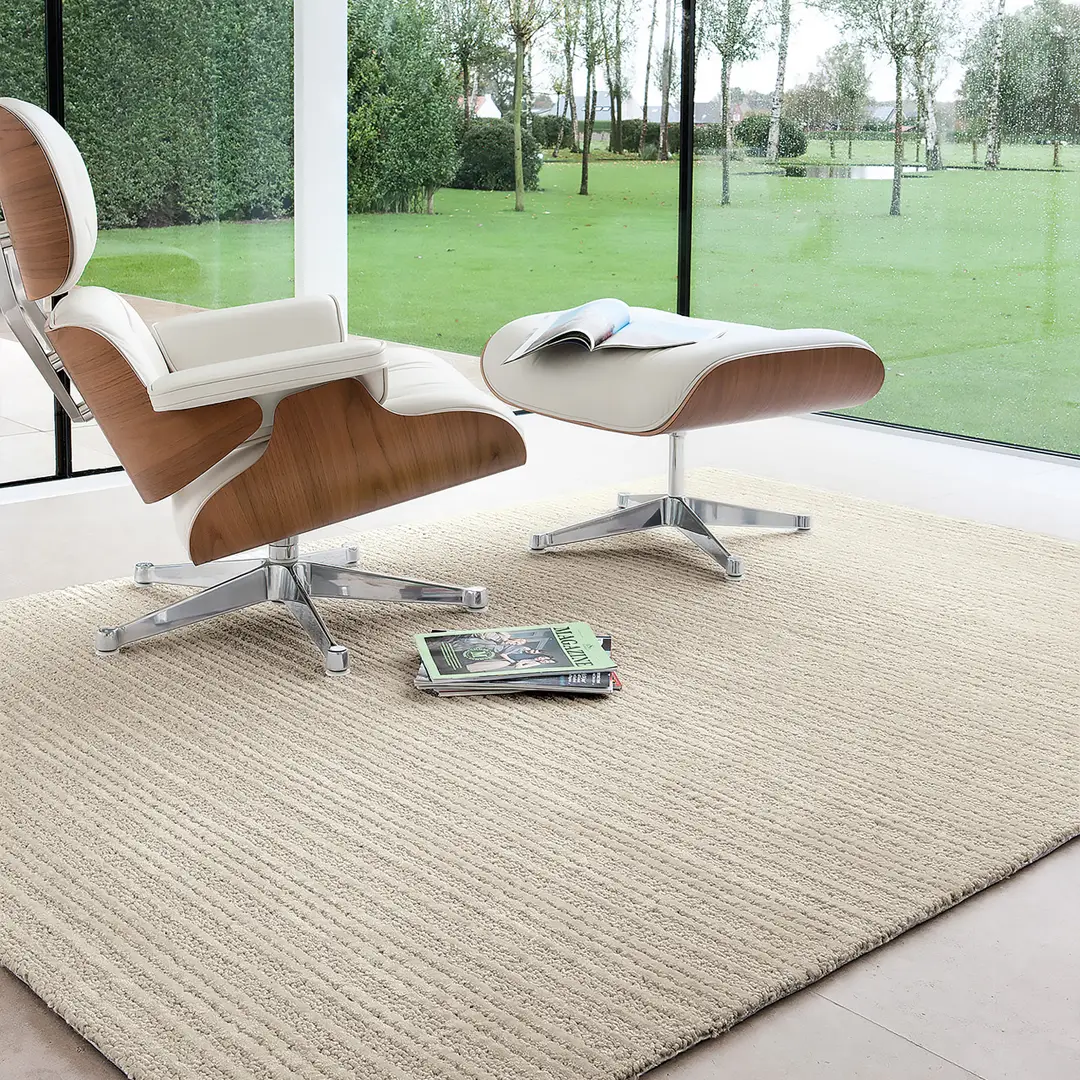 Modern chair and ottoman in stylish glass-walled room
