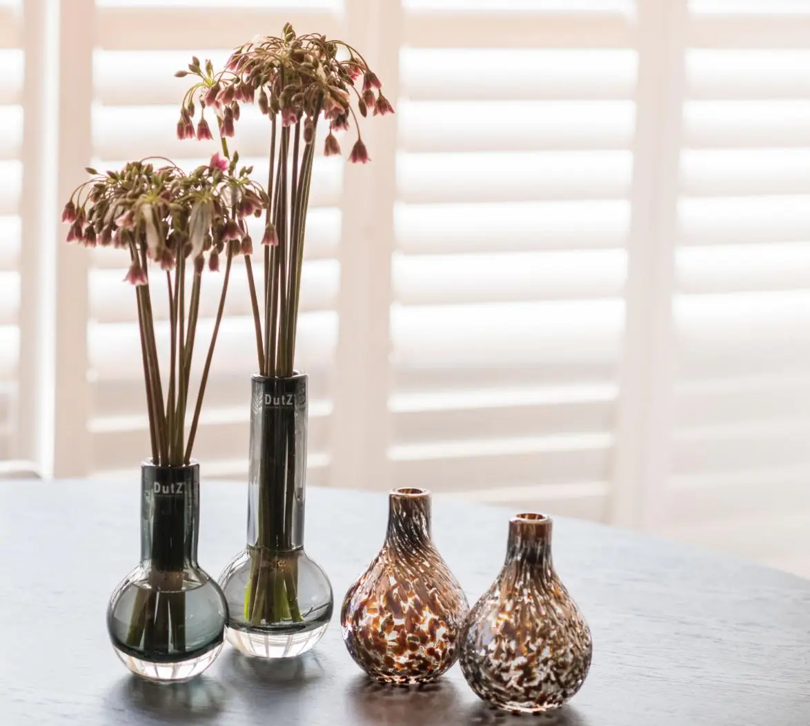 Variety of vases with flowers on a sunny table