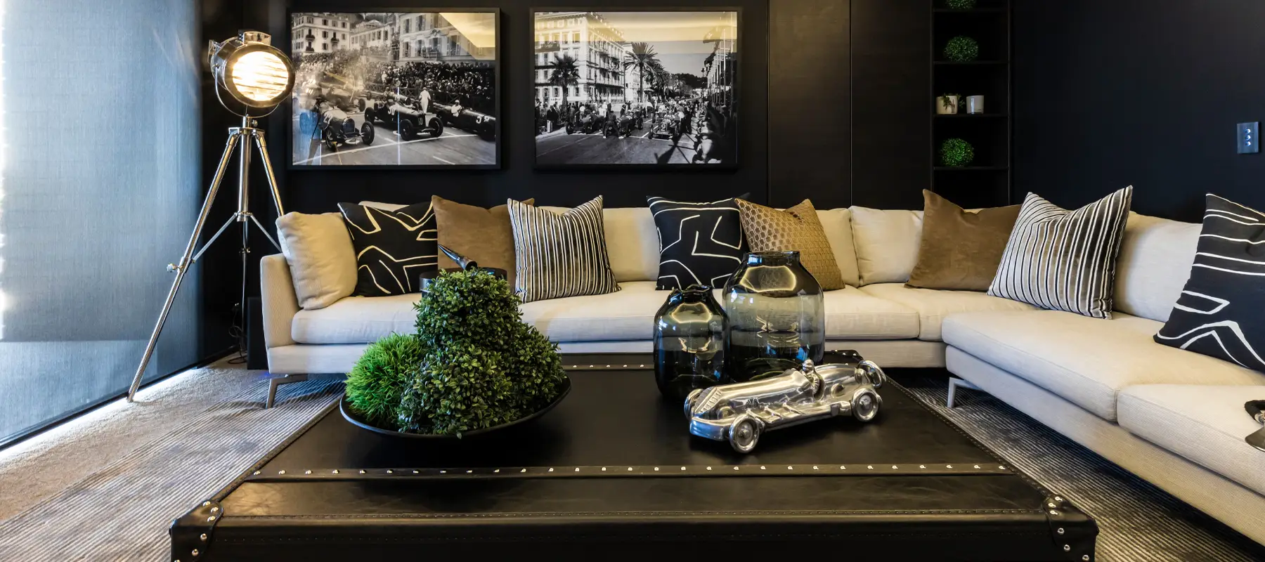 Modern living room with stylish decor and large sofa