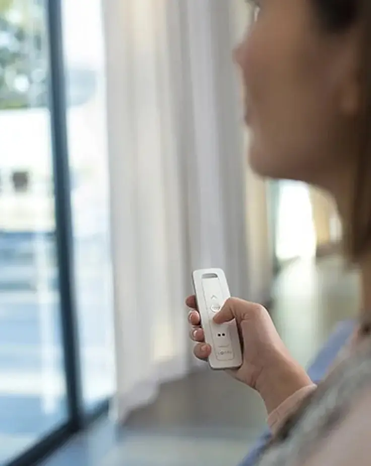 Woman holding remote control near window