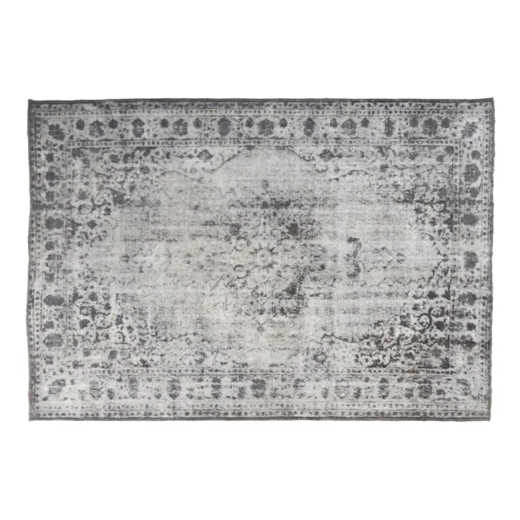 Vintage gray distressed area rug with ornate pattern
