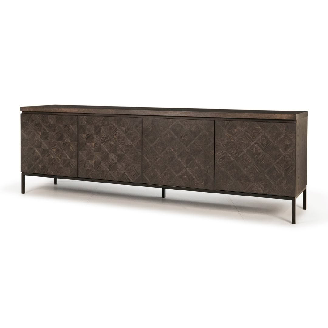Long brown patterned wooden sideboard on legs