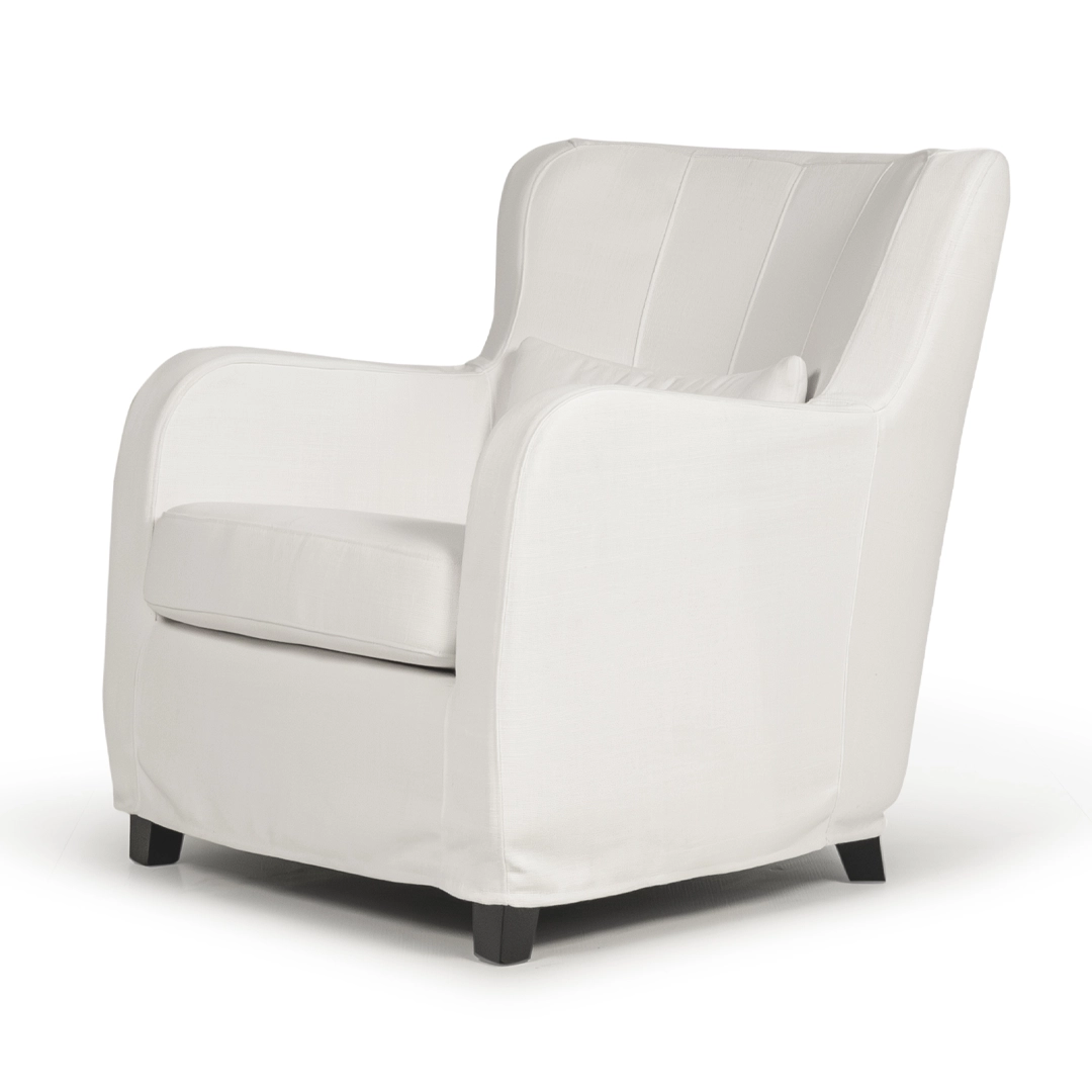 Elegant white fabric armchair isolated on white background