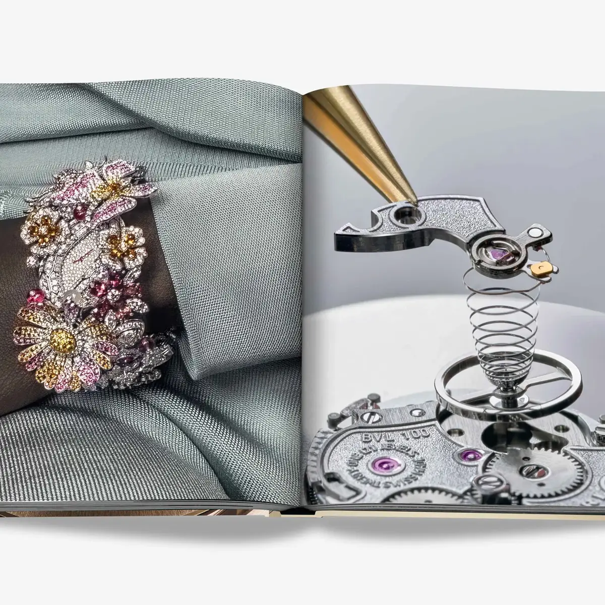 Jeweled brooch and watch mechanism close-up