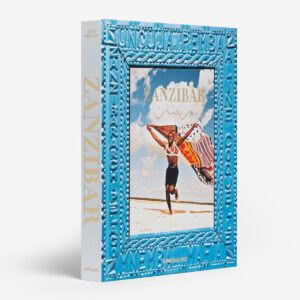 Zanzibar travel book cover with joyful person on beach
