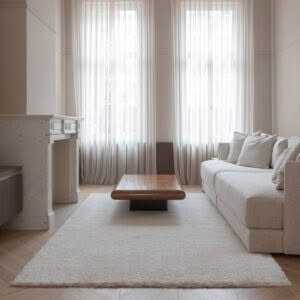 Elegant living room with sheer curtains and neutral tones