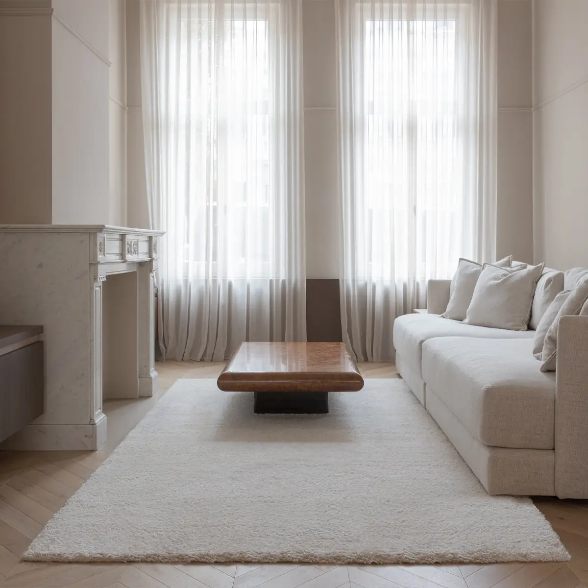 Elegant living room with sheer curtains and neutral tones