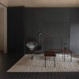 Modern minimalist interior with chair and wooden tables