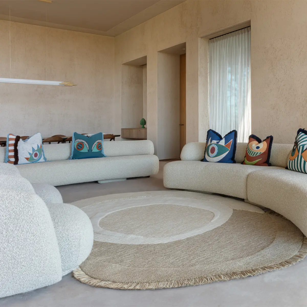 Stylish modern living room with unique circular sofas