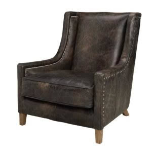 Distressed leather high-back chair with nailhead trim