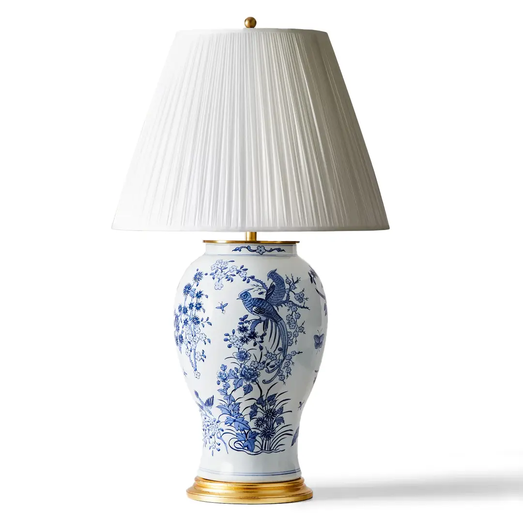 Elegant blue and white porcelain table lamp with shade