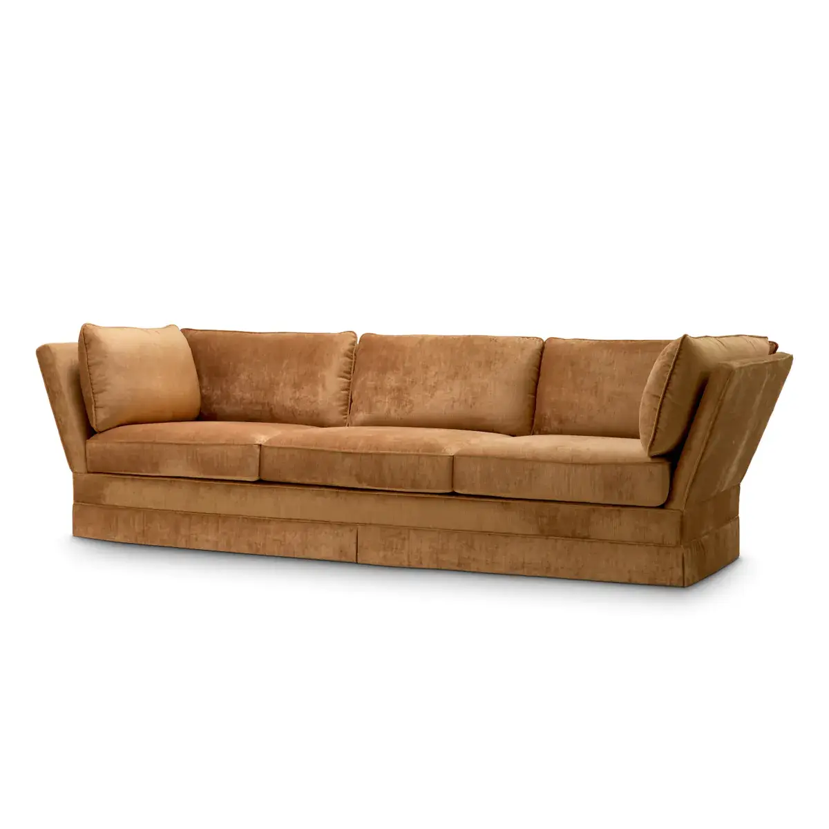 Beige velvet sectional sofa with plush pillows