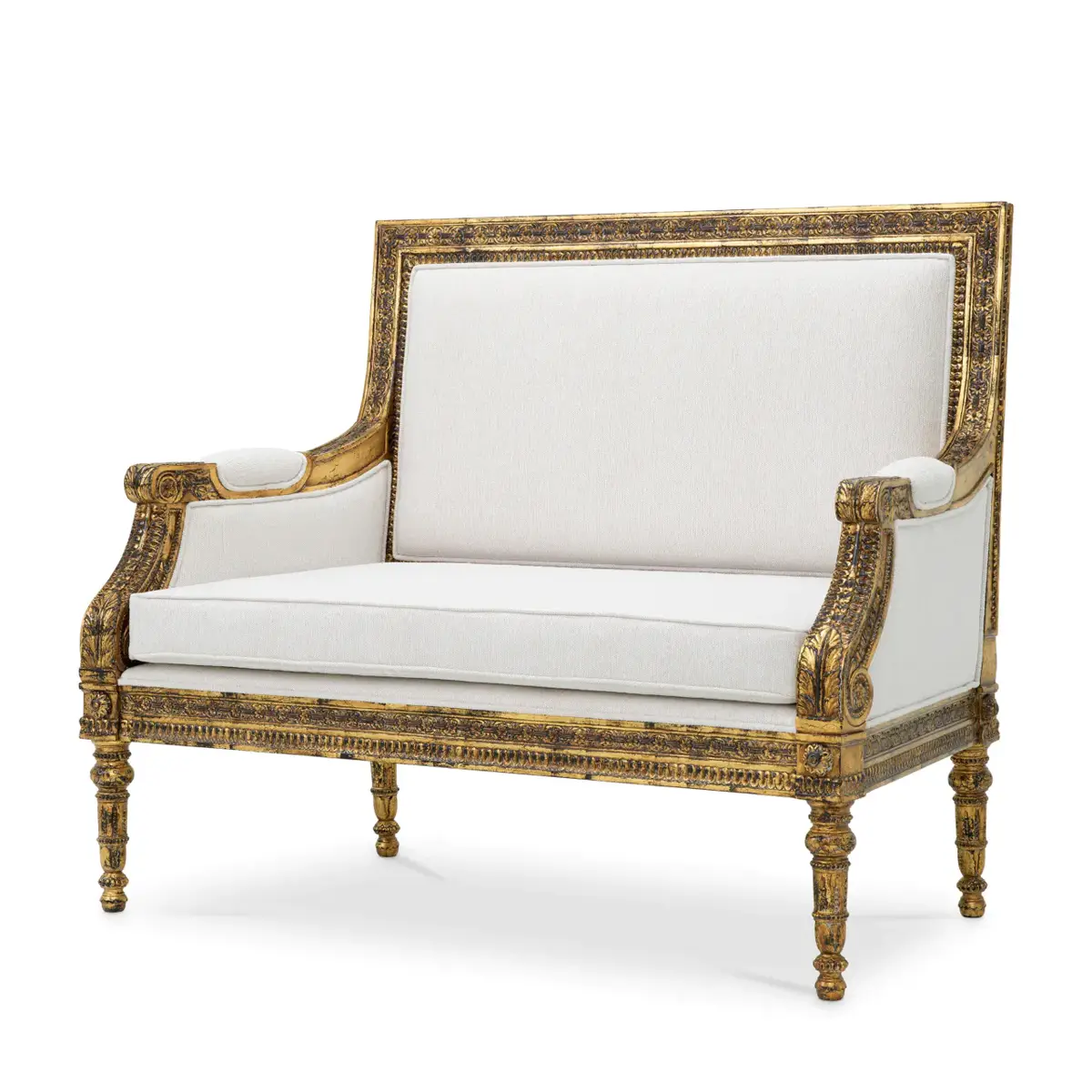 Antique gilded French sofa with ivory upholstery