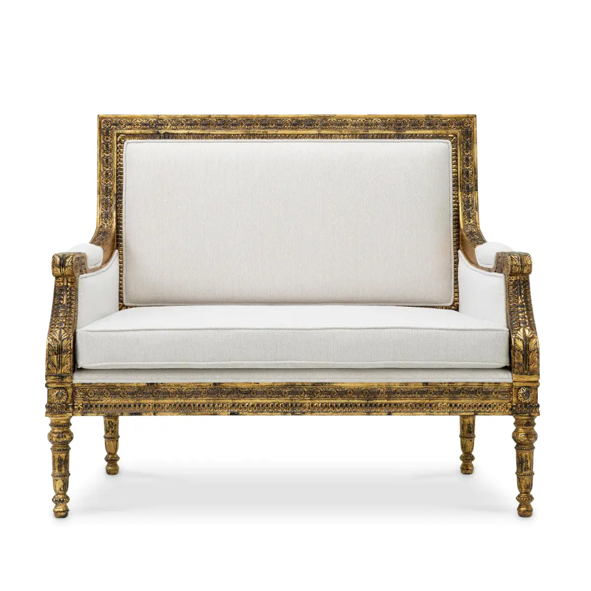 Antique gold-trimmed white upholstered sofa