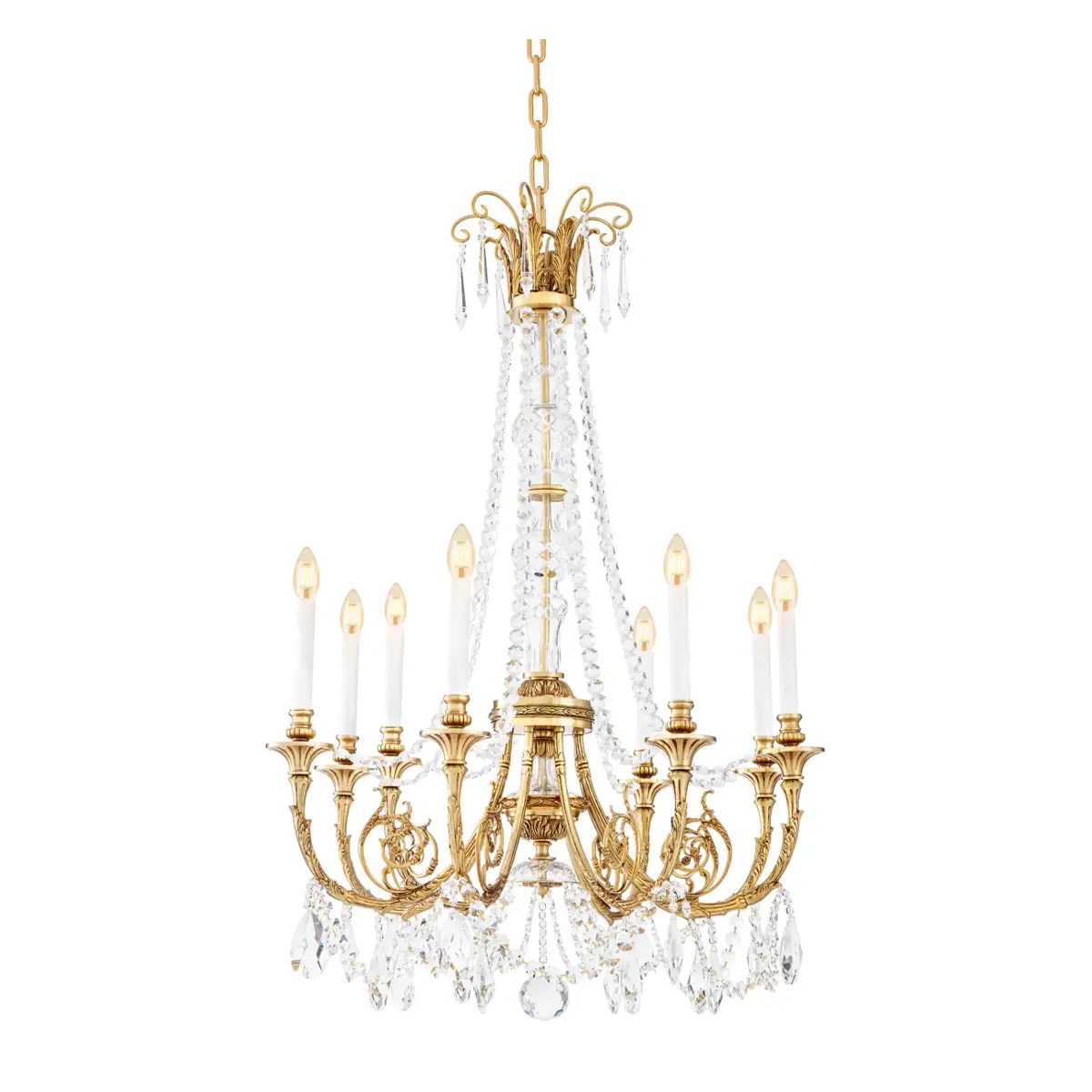 Elegant gold crystal chandelier with lights on