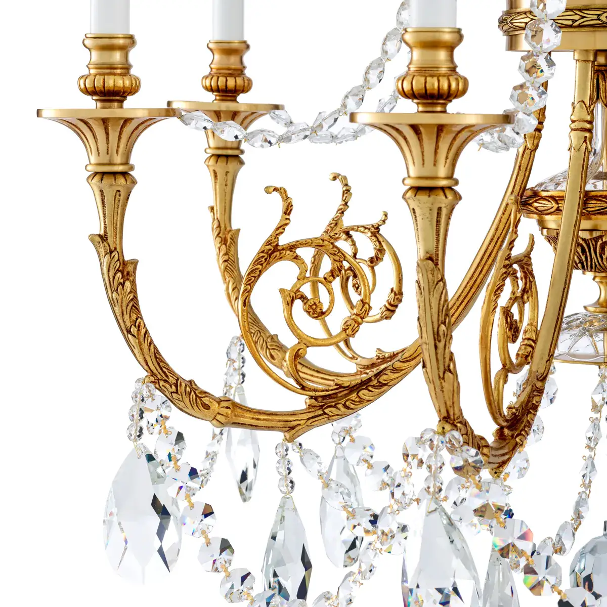 Elegant golden chandelier with crystals and intricate designs