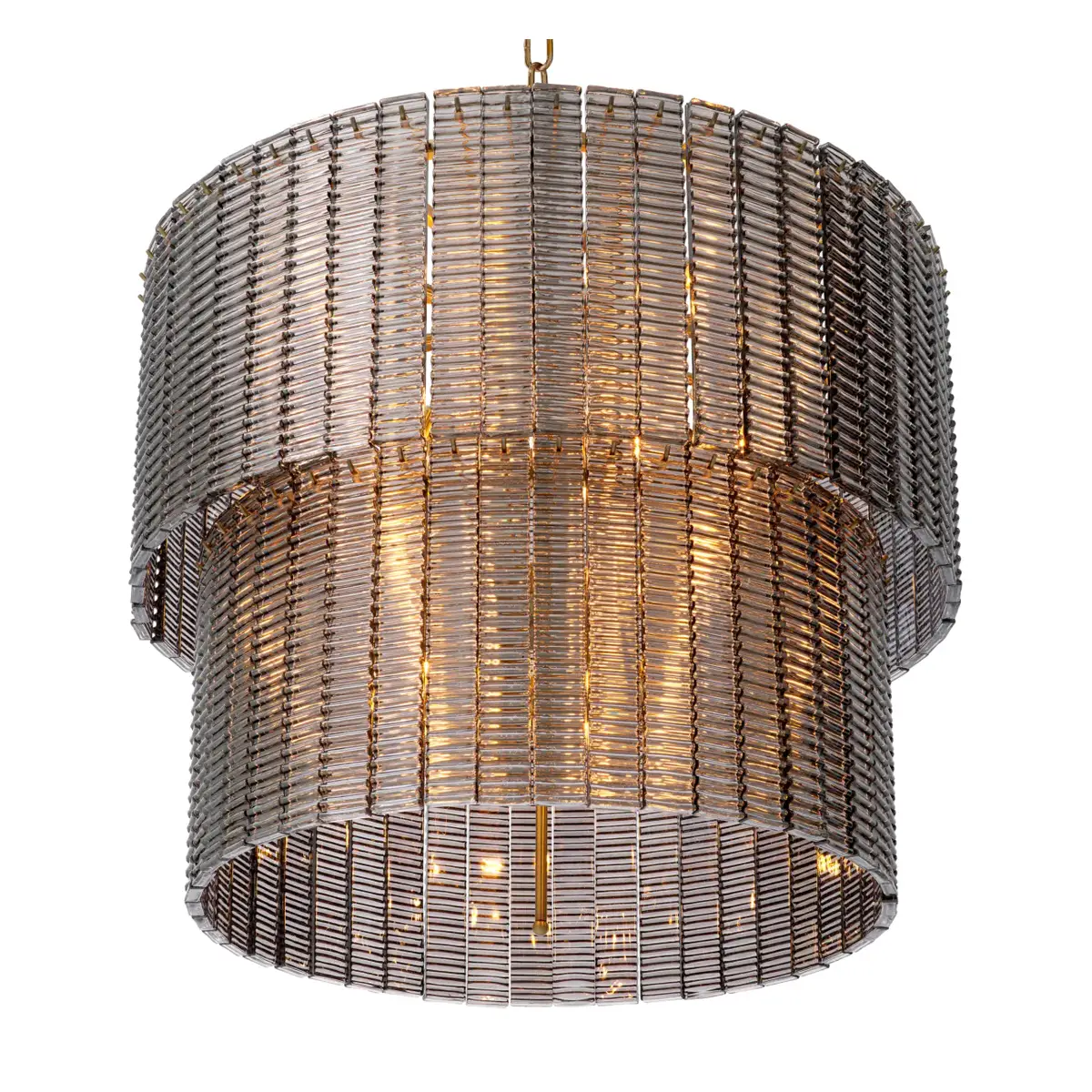 Elegant cylindrical woven metal chandelier with lights on