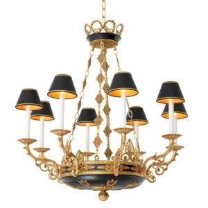 Ornate gold chandelier with black lampshades and lit bulbs