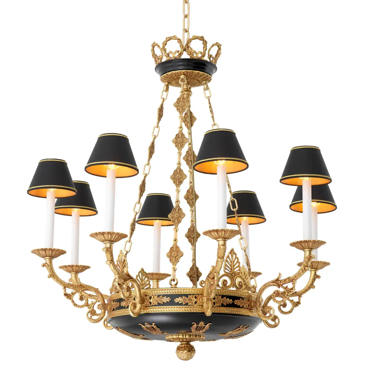 Ornate gold chandelier with black lampshades and lit bulbs