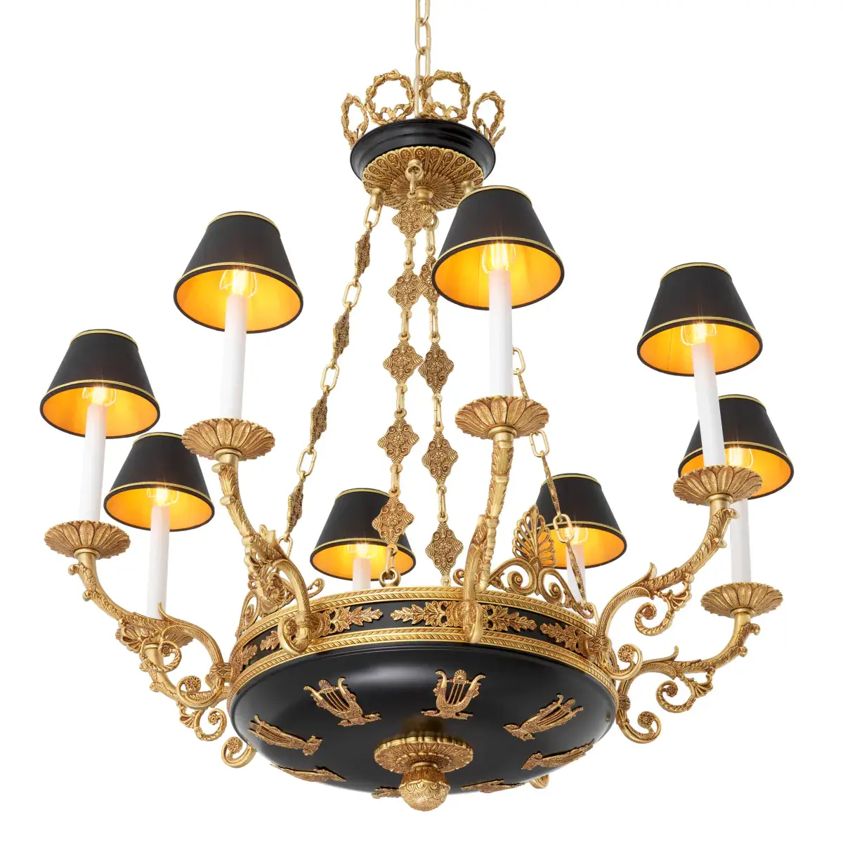 Ornate gold chandelier with black shades and lit bulbs