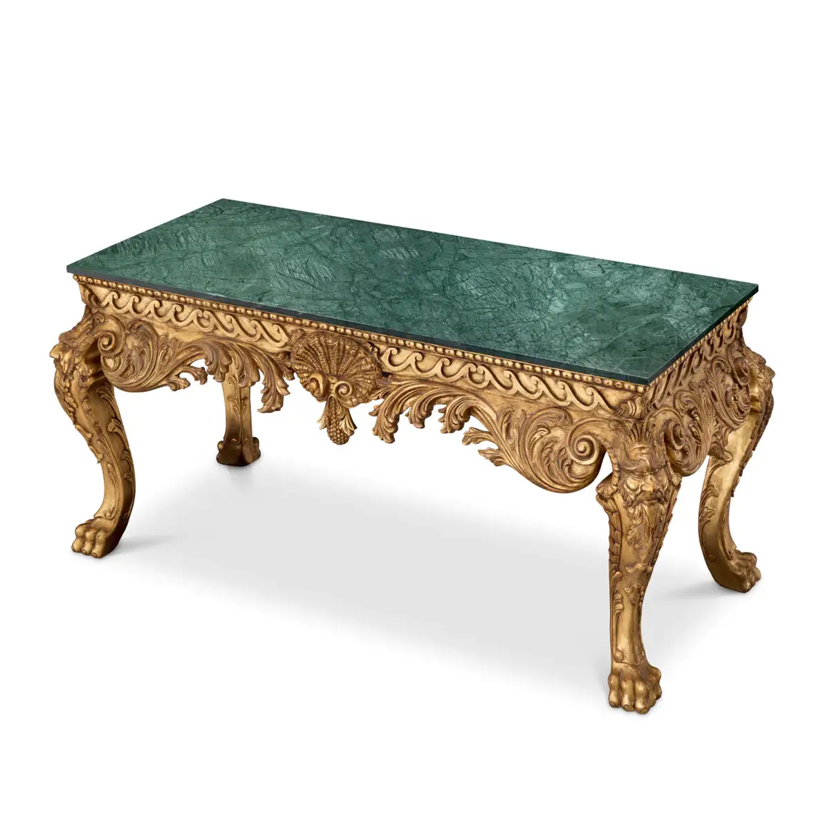 Ornate gold carved table with green marble top